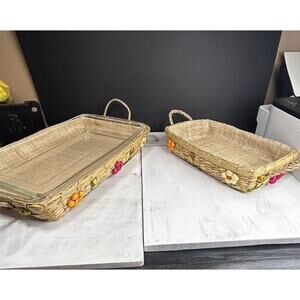 Pyrex Wicker Basket Spring Dish Set. 2 Raffia Wicker Baskets . 1 Pyrex Dish